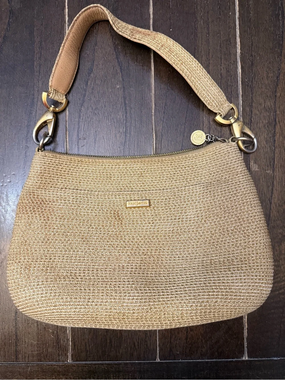 Eric Javits Woven Shoulder Bag Tan Gold Zip Top Summer Resort Purse